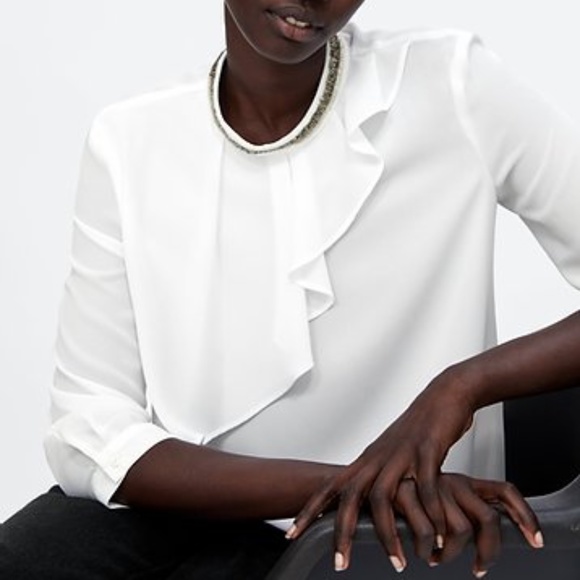 ZARA Bejeweled Neckline Blouse